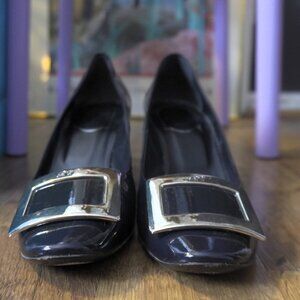 Size 38 Patent Navy Roger Vivier Pumps with Silver Buckles